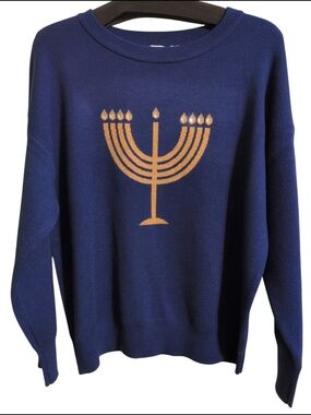 Nwt Rio & Rian Women Men Sweater with Gold Menorah Motif Soft Jewel Saffire XL